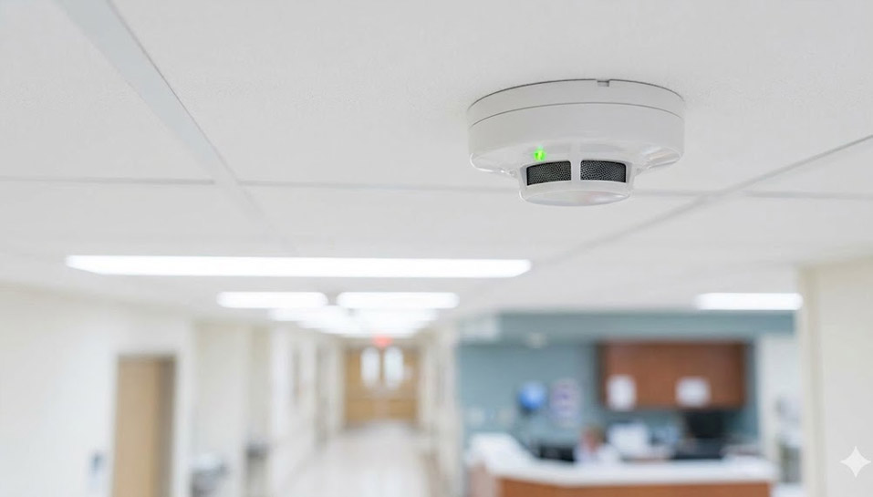 Close-up of a modern smoke detector on a hospital ceiling