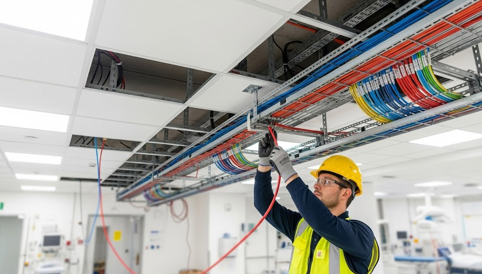 Electrician installing shielded cables in a hospital ceiling