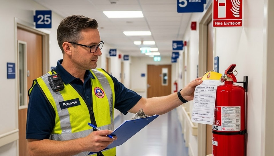 Professional fire safety auditor inspecting a hospital corridor