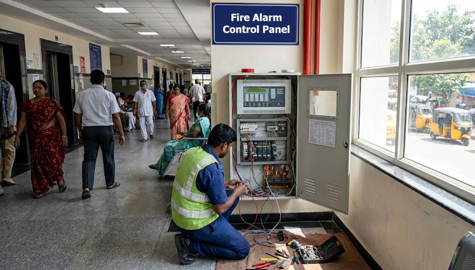 Technician installing addressable fire alarm panel in a Hyderabad hospital